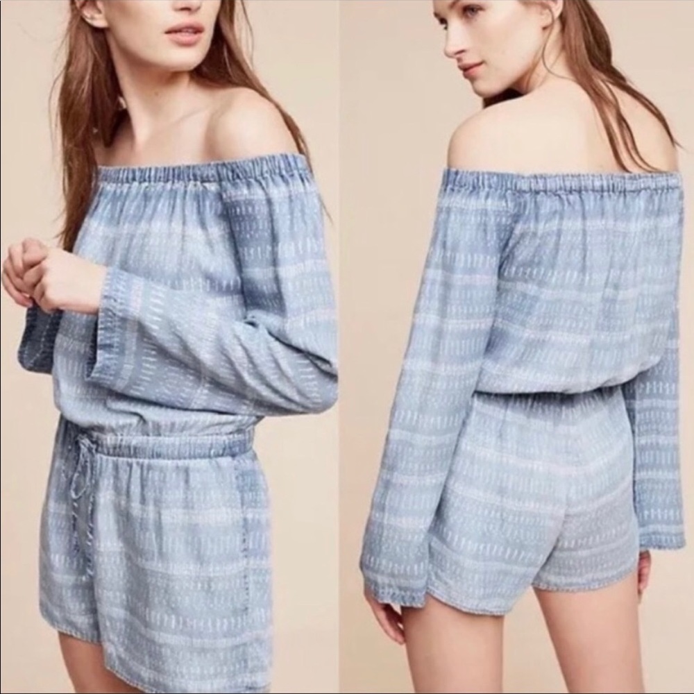 NWT Anthropologie Cloth & Stone Chambray Stripe Romper Sz S Blue Festival Boho